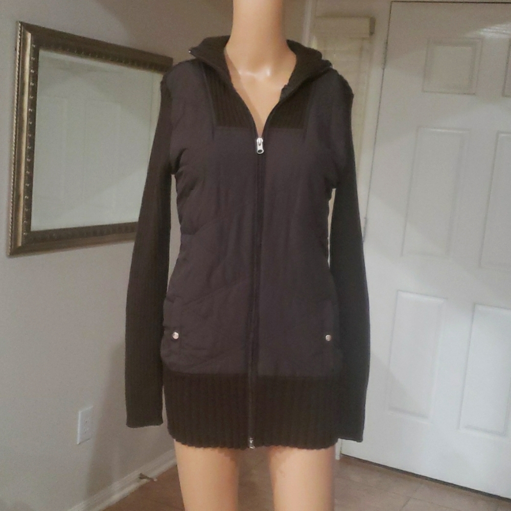 Takeout S mixed media ribbed knit button pockets zip up turtleneck jacket